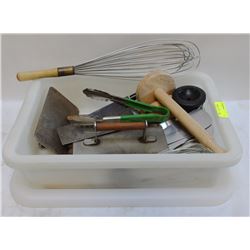BUS BIN OF ASSORTED KITCHEN UTENSILS