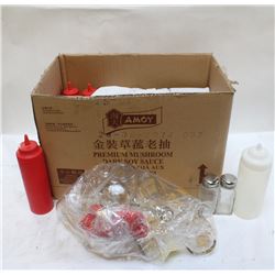 BOX OF CONDIMENT DISPENSERS & SALT & PEPPER