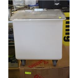 NEW 32-GALLON WHITE INGREDIENT BIN W/ WHEELS & LID