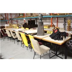 LARGE LOT OF 14 WOODEN TABLES W/ 26 PADDED CHAIRS