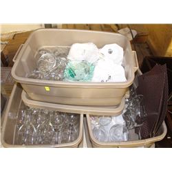 3 TOTES OF ASSORTED WINE GLASSES, BOWLS, PLATES &