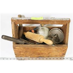 VINTAGE WOOD HANDYMAN BOX FILLED WITH COLLECTIBLE