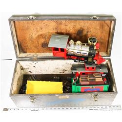WOOD BOX WITH VINTAGE TRAINS AND MORE.