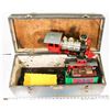 Image 1 : WOOD BOX WITH VINTAGE TRAINS AND MORE.