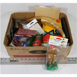 BOX OF ASSORTED TOY TRAINS, BAROMETER AND MORE