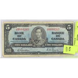 1937 CANADIAN $5.00 BILL.
