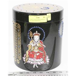 BUDDHA STONE LIDDED JAR/URN 9" TALL W/ RHINESTONE