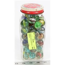 ANTIQUE COFFEE JAR FULL OF MARBLES