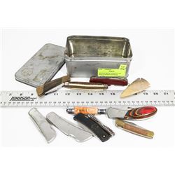 VINTAGE METAL TOBACCO TIN WITH 10 POCKET KNIVES &