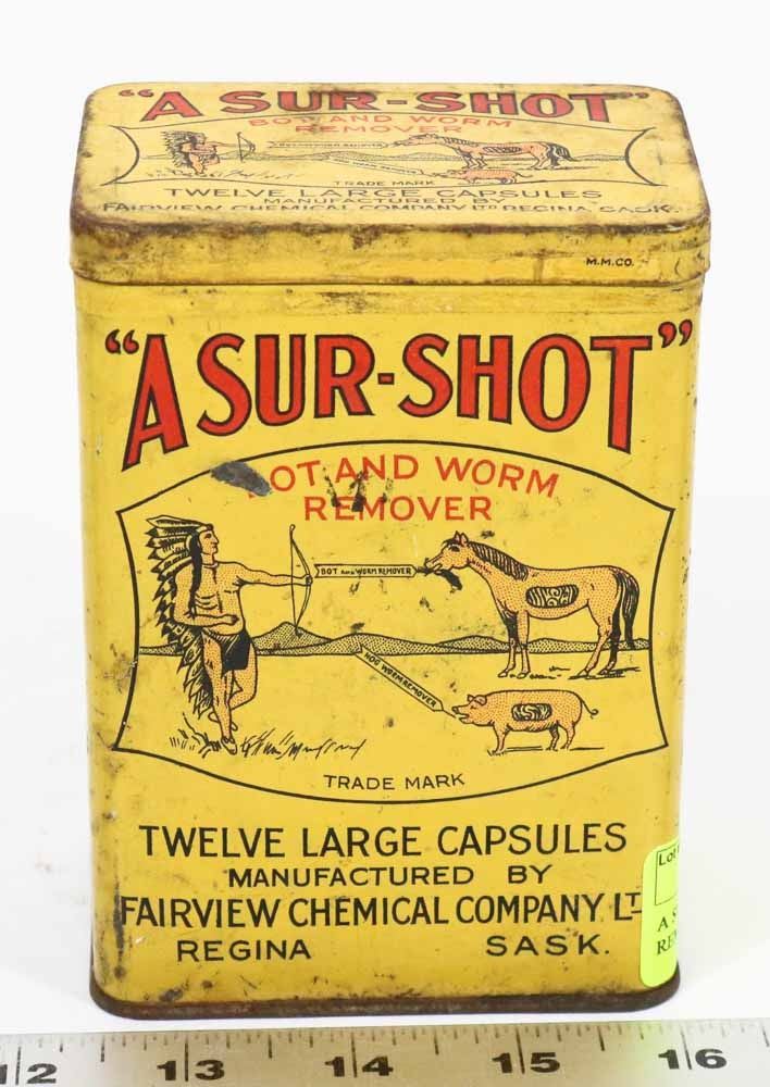 a sur shot bot and worm remover graphic tin