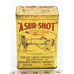 A SUR-SHOT BOT AND WORM REMOVER GRAPHIC TIN