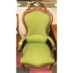 ANTIQUE GREEN FABRIC PARLOUR CHAIR