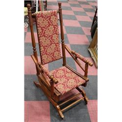 ANTIQUE MAPLE CLOTH FLORAL PATTERN ROCKING CHAIR