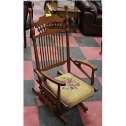 ANTIQUE OAK ROCKER WITH NEEDLEPOINT SEAT