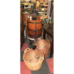 ANTIQUE WINE PRESS WITH 2 CARBOYS AND ACCESSORIES
