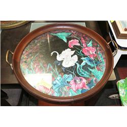 LARGE VINTAGE WOODEN TRAY WITH SWANS AND GLASS