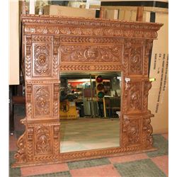 OAK MIRRORED MANTLE PIECE, HEAVILY CARVED LION