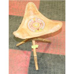 VINTAGE HAND TOOLED LEATHER TRIPOD STOOL