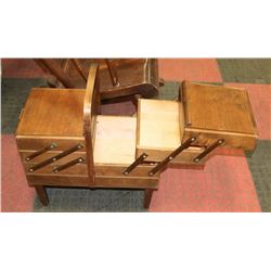 VINTAGE ACCORDIAN STYLE WOODEN SEWING BOX.