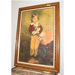 ANTIQUE LARGE PAINTING OF BOY AND DOG