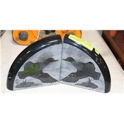 LOT OF 2 SOAPSTONE BOOK ENDS, CARVED, SIGNED