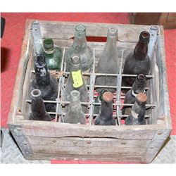 WOODEN BOTTLE BOX WITH BOTTLES.