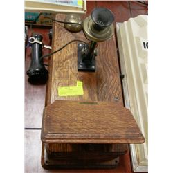 ANTIQUE OAK WALL PHONE- COMPLETE