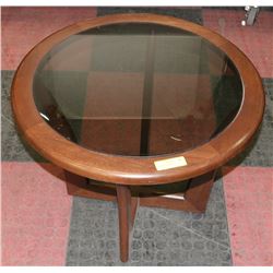 VINTAGE GLASS AND WOOD SIDE TABLE, 25"X25"X20"