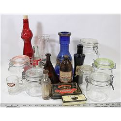 BOX OF VINTAGE BOTTLES, OLD JARS & TIN