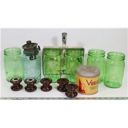 BOX OF JARS, INSULATORS AND TOBACCO TIN.