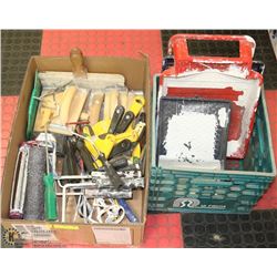 LARGE FLAT OF PAINTING TOOLS AND MILK CRATE WITH