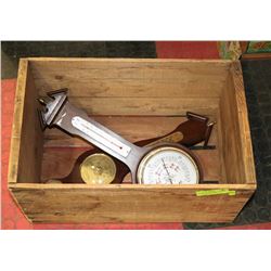 VINTAGE WOOD BC FRUITBOX W/ VINTAGE BAROMETERS