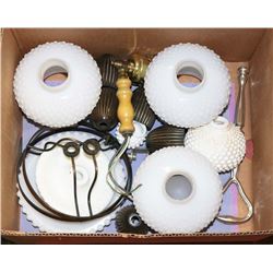 BOX W/ MILK GLASS SHADES AND VINTAGE LIGHTING