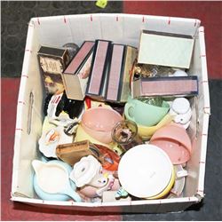 BOX OF ASSORTED GLASSWARE, JEWL CASKET, MATCHBOXES