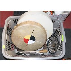 LOT OF 2 NATIVE DRUMS, WITH DRUM STICK AND 2