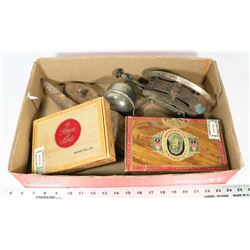 IRONS , PICK AXE HEAD , CIGAR BOXES