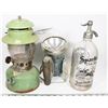 Image 1 : FLAT WITH ANTIQUE COLEMAN LANTERN, SELTZER WATER