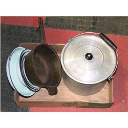 CAST IRON POT & ENAMEL DISHES SOLD WITH ALUMINUM