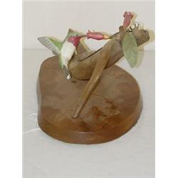 WOODEN CARVED & PAINTED HUMMINGBIRD & FLOWERS SIGNED ED HOPKINS