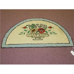 HALF ROUND HOOKED RUG W/ URN OF FLOWERS DESIGN