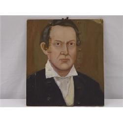 9TH CENT. PAINTING ON BOARD (2 SIDED) MAN W/ BLACK COAT W/ WOMAN IN BROWN DRESS ON REVERSE (15" X 13