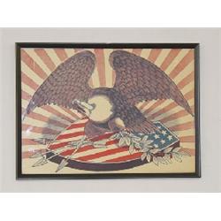 FRAMED GAR POSTER OF EAGLE W/ SHIELD, ARROWS & BRANCHES IN TALONS (18 1/2" X 25 1/2")