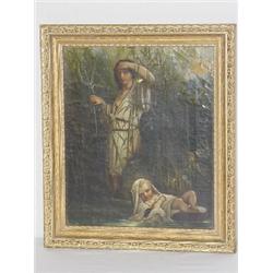 19TH CENT. OIL ON CANVAS MOSES IN BULL RUSHES SIGNED ON BACK PAUL DELAROSHE (12 1/4" X 10 1/4")