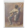 Image 1 : OIL ON CANVAS BLACK MAN PLAYING GUITAR, L Q RUMERY 1902 UNFRAMED (21" X 16")