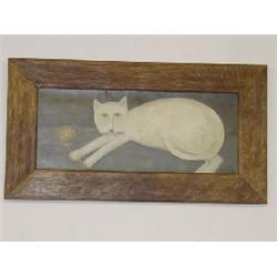 LATE 19TH-EARLY 20TH CENT. OIL ON CANVAS OF CAT W/ BALL OR YARN UNSIGNED (8" X 20")