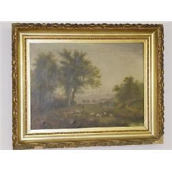 19TH CENT. OIL ON CANVAS MOUNTAIN SCENE W/ SHEEP IN PASTURE SIGNED B. SCOTT "87" (20" X 27" SIGHT SI