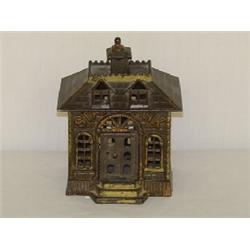 6" PAINTED CAST IRON BUILDING STILL BANK - 2 COLOR STATE BANK BUILDING