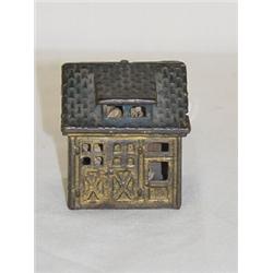 2 1/2" PAINTED CAST IRON BUILDING STILL BANK - GOLD PAINTED 1 CAR GARAGE