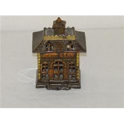 4" PAINTED CAST IRON BUILDING STILL BANK - 2 COLOR STATE BANK BUILDING