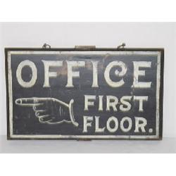 BLACK AND WHITE PAINTED WOODEN SIGN W/ HAND, "OFFICE FIRST FLOOR"